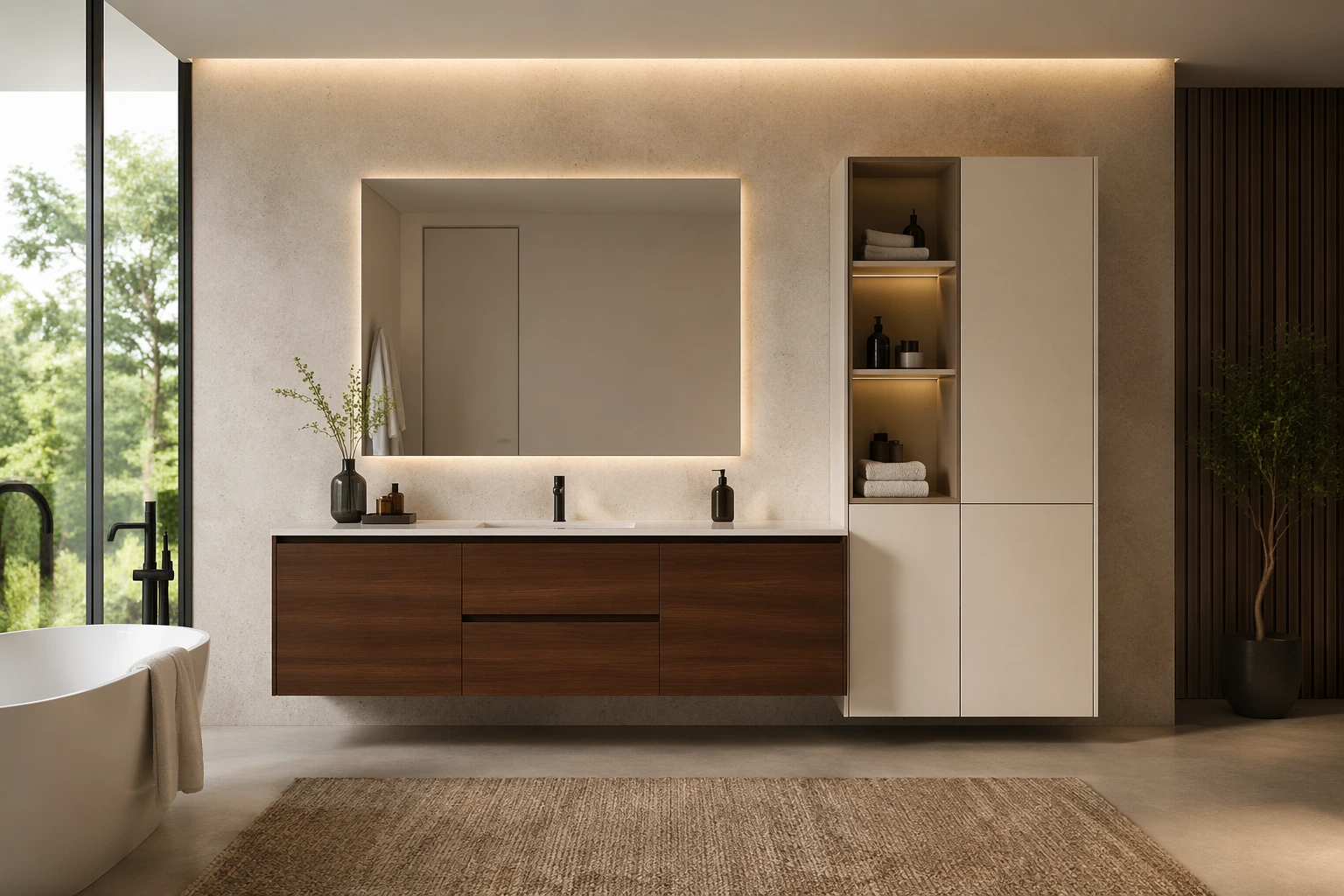 Modern bathroom vanity with integrated linen cabinet, floating wood storage, LED mirror, and open shelving