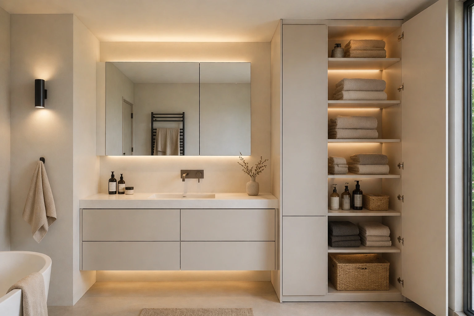 Bathroom vanity with matching linen cabinet, open shelving, and organized storage with soft lighting