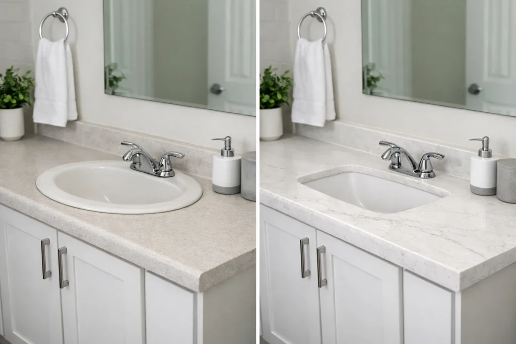 Before and after quartz countertop installation in Riverside California showing upgrade from laminate surface to modern quartz vanity top
