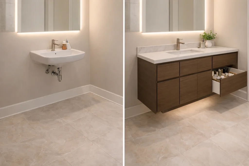 Before and after bathroom sink to vanity conversion in Riverside California showing installation of modern vanity and storage cabinets