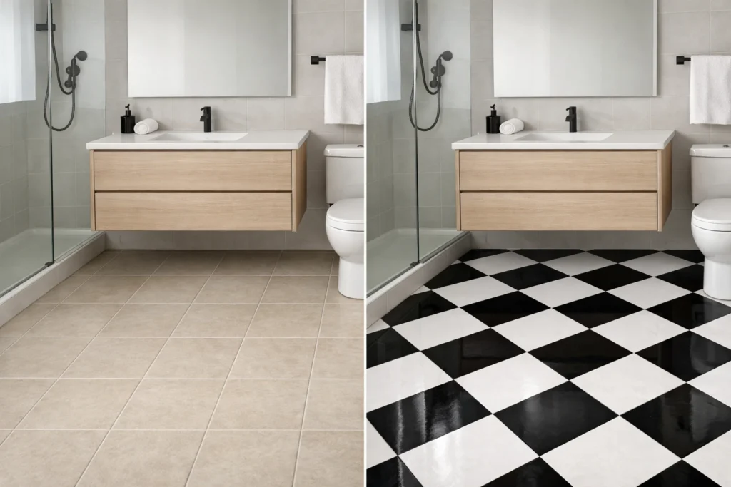 Before and after bathroom flooring upgrade in Riverside California with modern black and white floor tiles replacing standard beige tiles