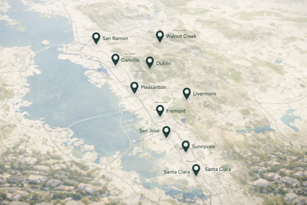 Bay Area bathroom remodeling service map showing San Jose, Fremont, Pleasanton, Walnut Creek, and surrounding cities