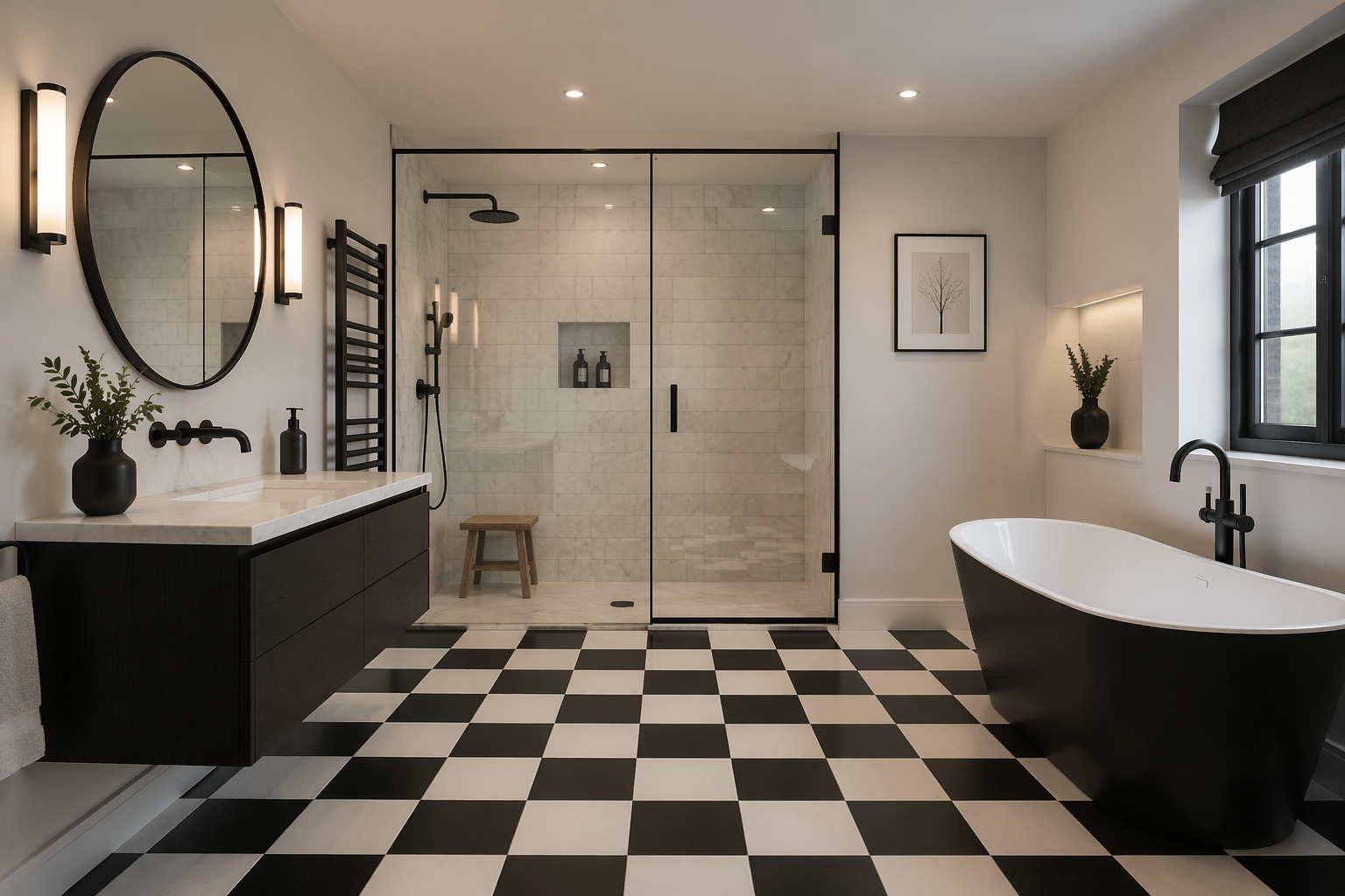 Black and white checkerboard tile bathroom flooring with freestanding tub and walk-in shower design