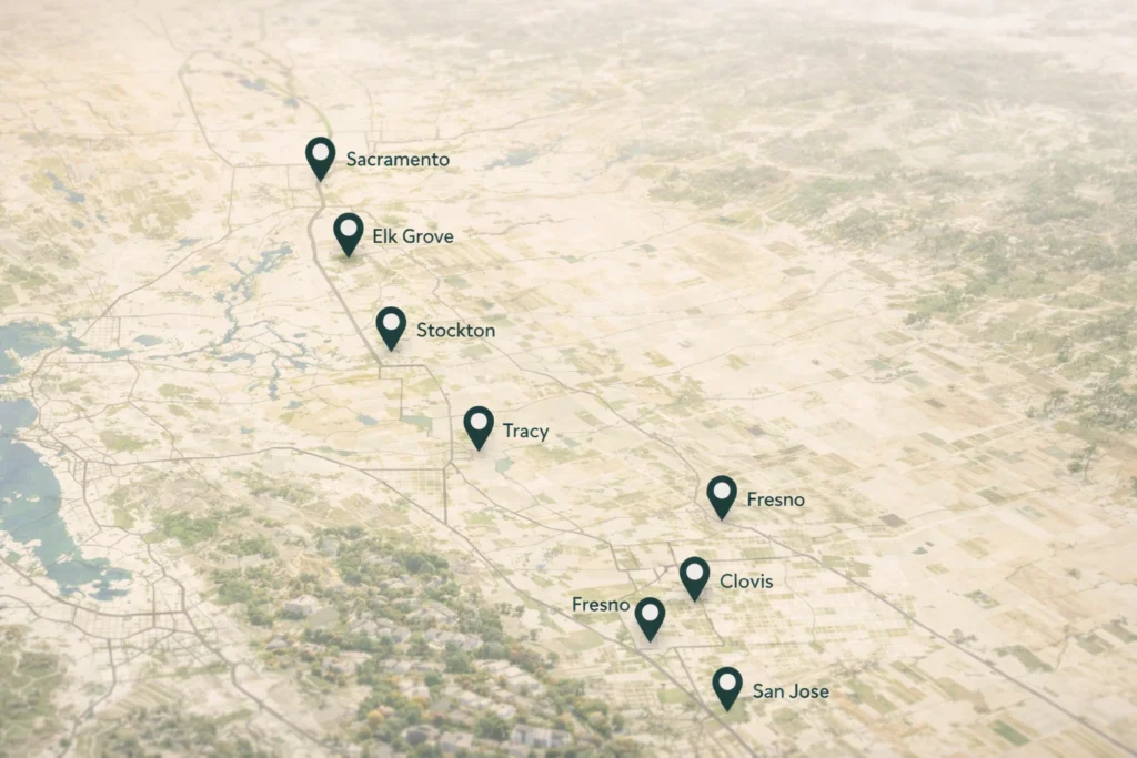 Central Valley and Sacramento bathroom remodeling service map showing Sacramento, Elk Grove, Stockton, Tracy, Fresno, Clovis, and San Jose