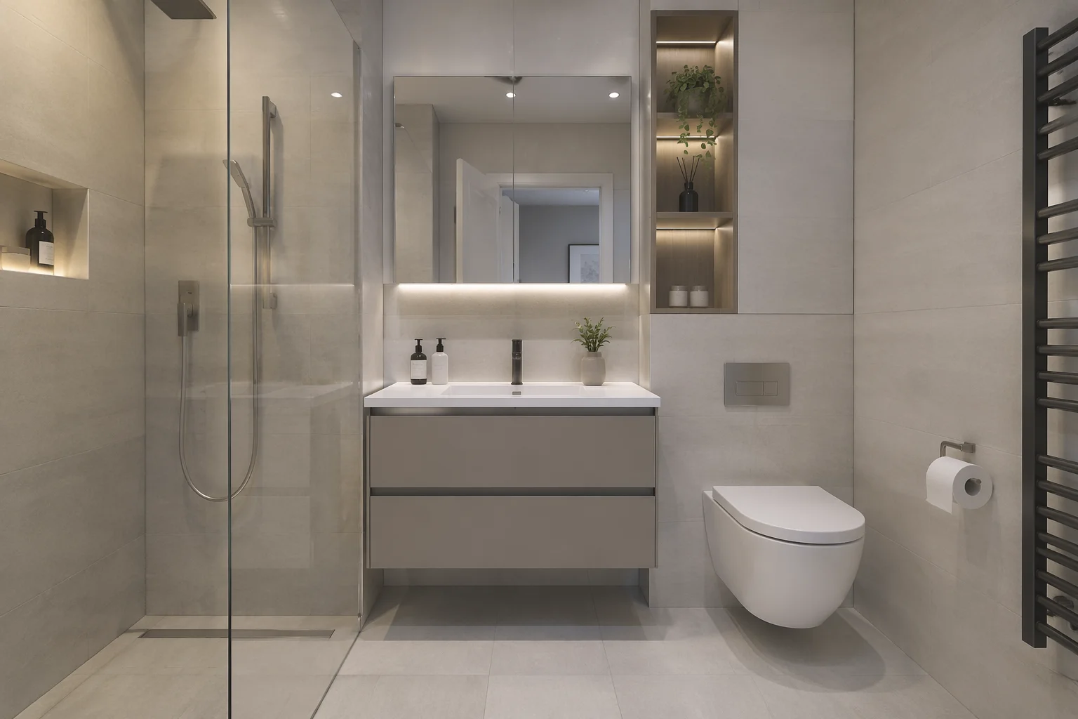 Compact vanity design in Riverside CA with floating cabinet, LED mirror and walk in shower layout
