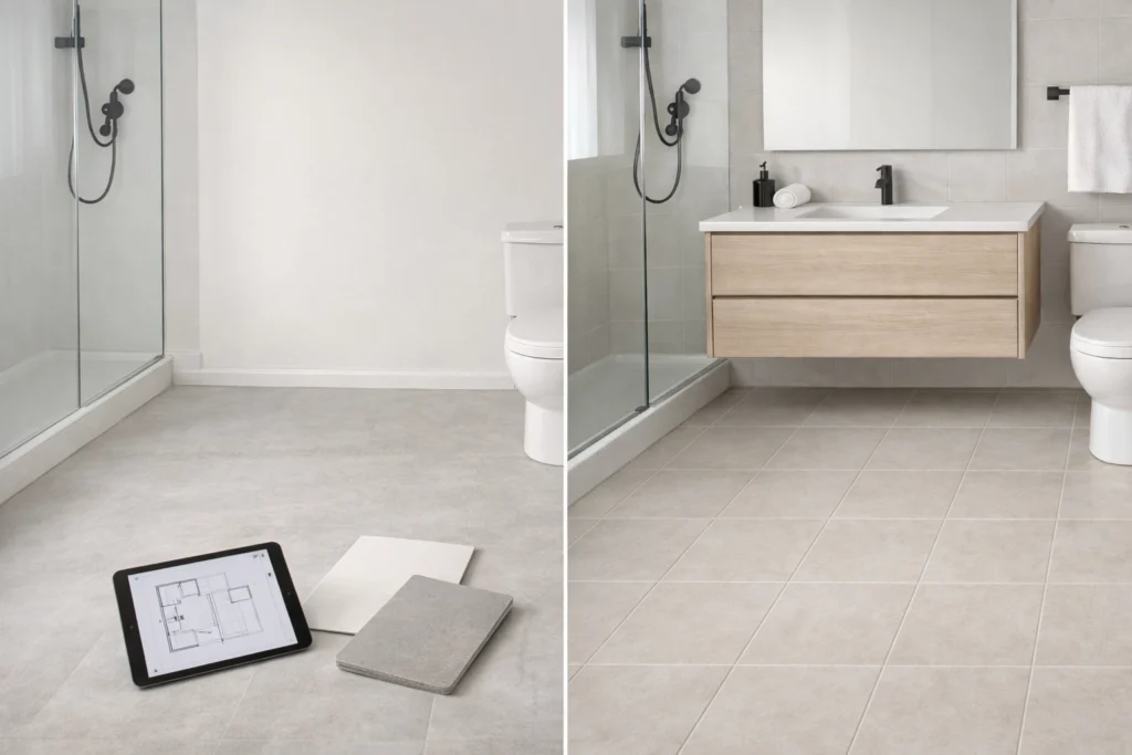 Custom bathroom vanity designs in Riverside California with modern floating vanity and tile flooring upgrade