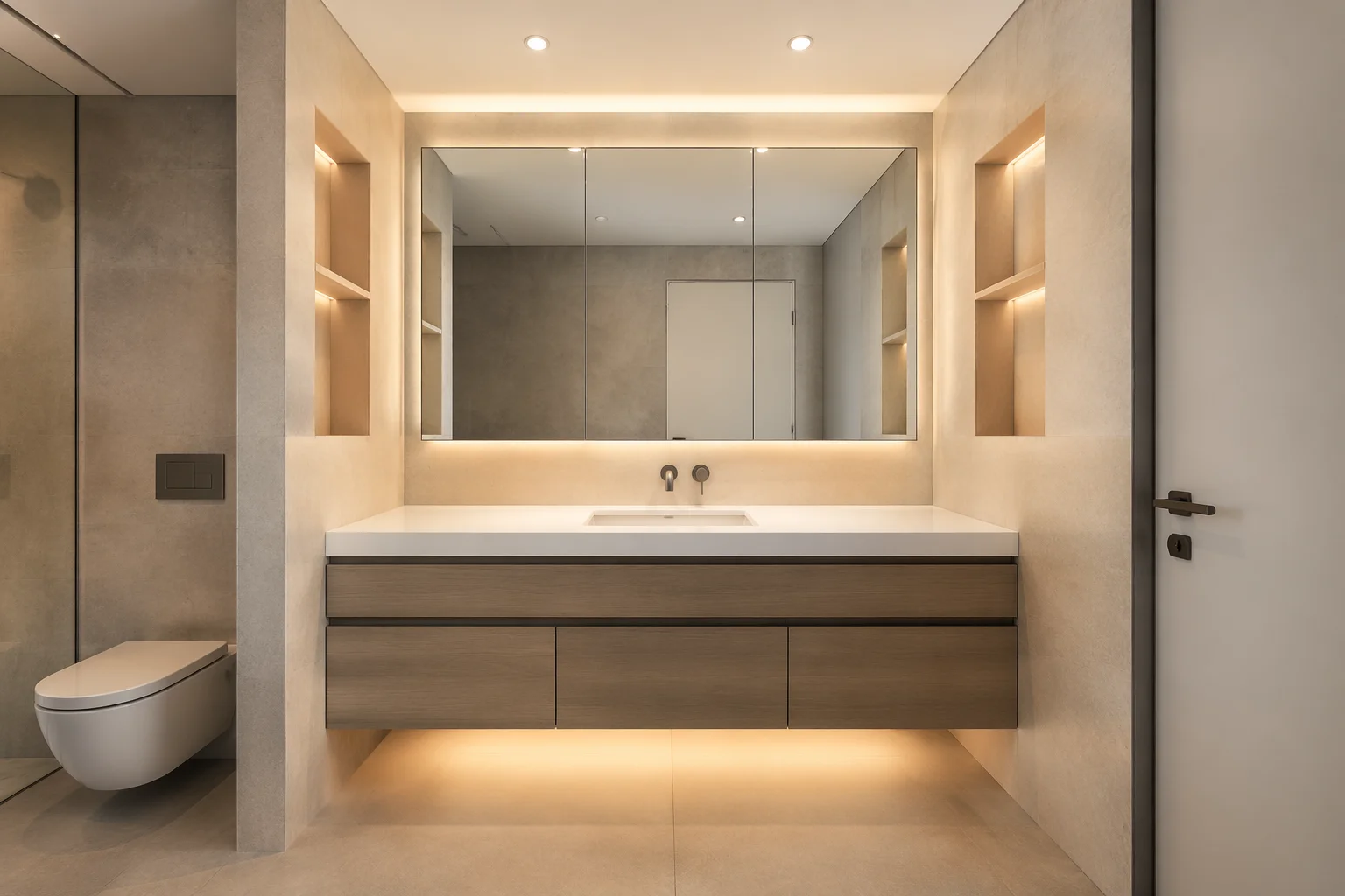 Custom storage focused vanity design in Riverside CA with floating drawers, LED mirror and built in shelving