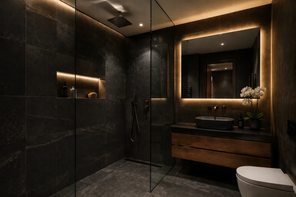 Luxury dark bathroom with walk-in glass shower, floating vanity, LED mirror, and ambient lighting