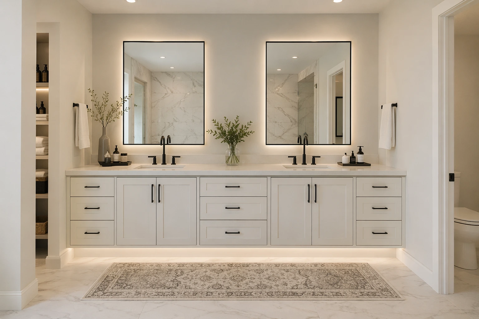 Double sink bathroom vanity with cabinets, dual mirrors, and organized storage in a modern layou