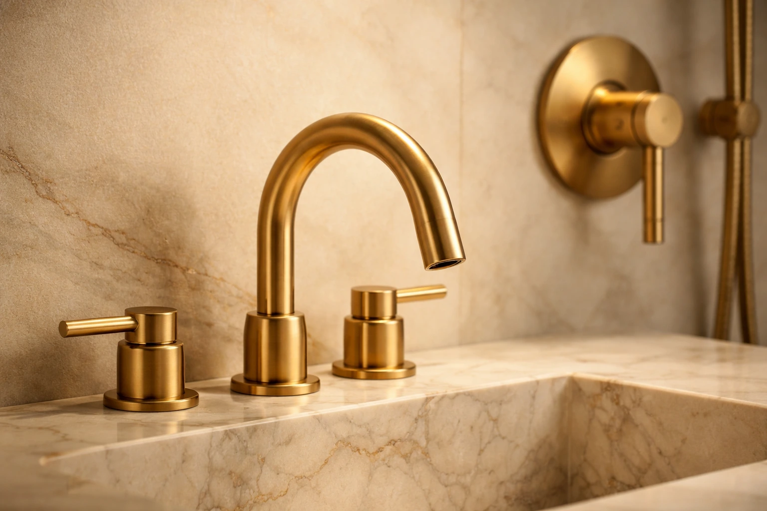 Brushed gold bathroom faucet with dual handles on marble countertop and beige stone backsplash