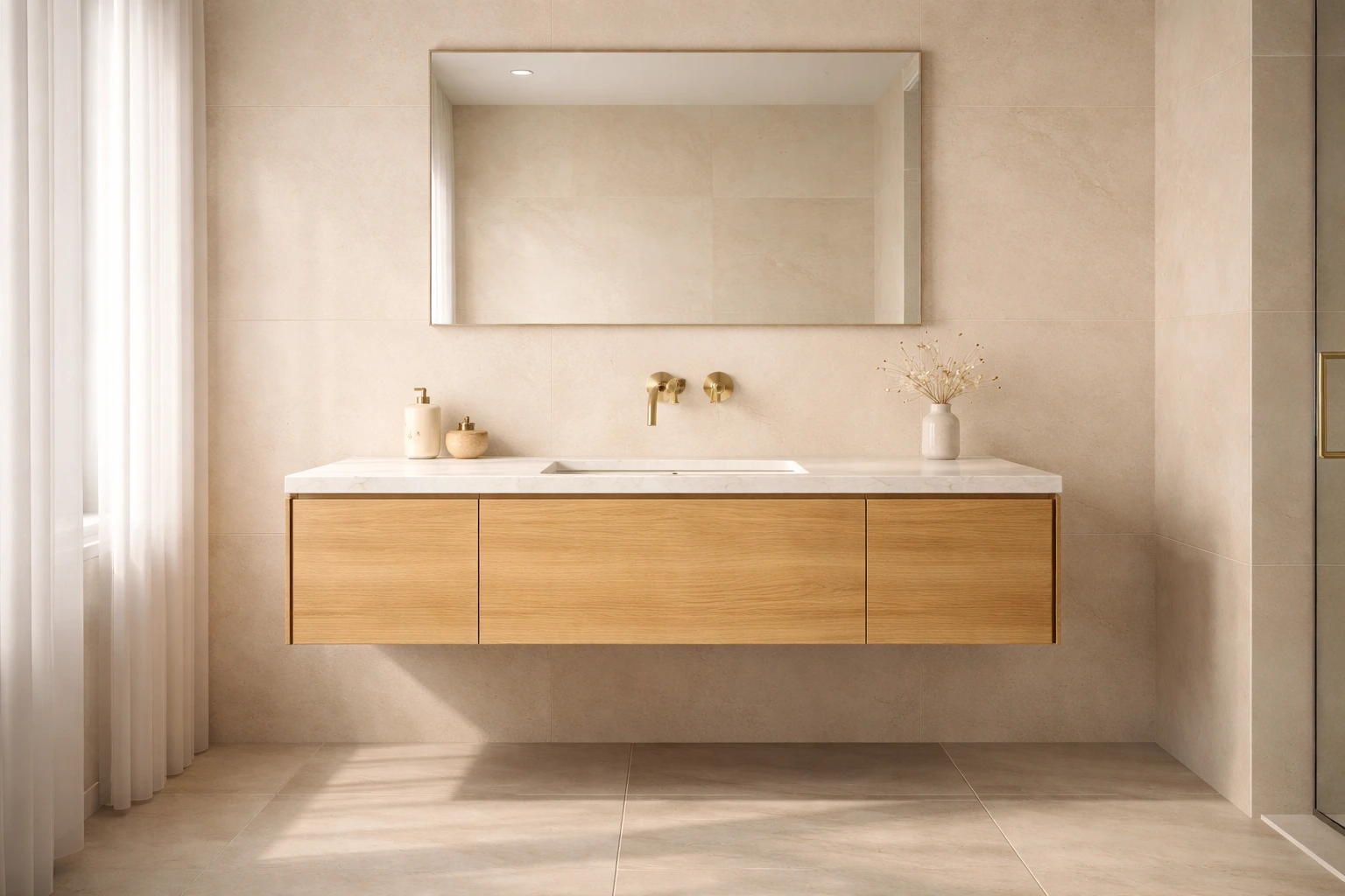 Modern floating bathroom vanity with wooden cabinet, marble sink, wall-mounted gold faucet, and beige tile walls