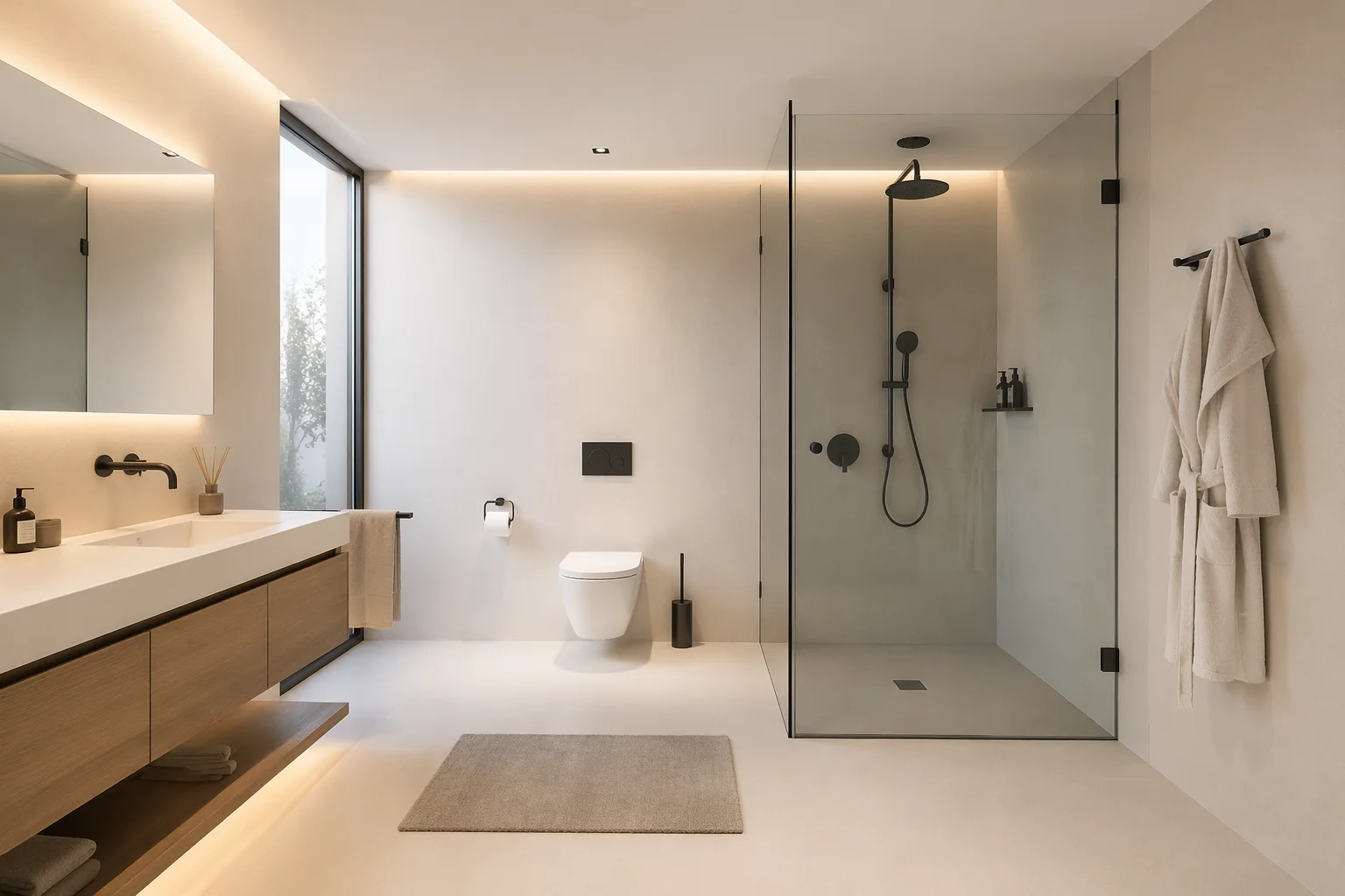Functional bathroom layout in Riverside CA with walk in shower, floating vanity and wall mounted toilet