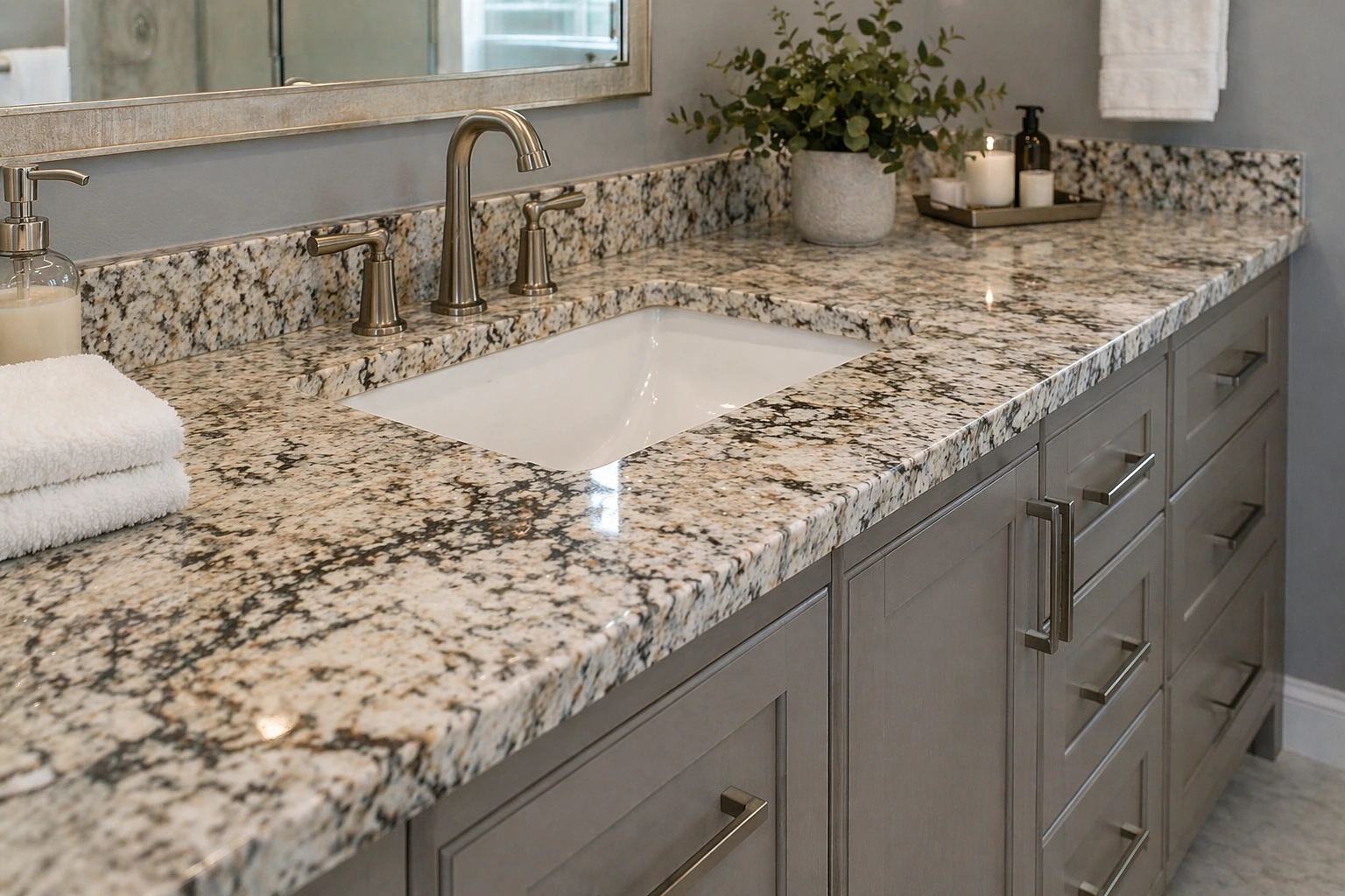 A bathroom vanity with granite countertop in a bathroom of riverside