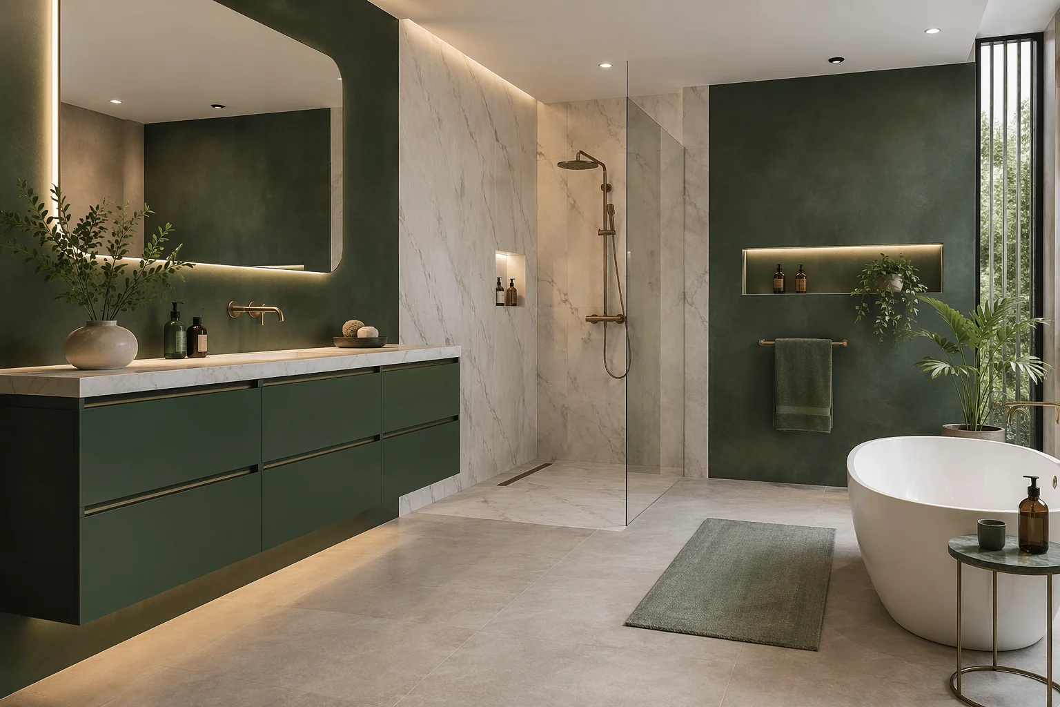 Luxury bathroom design in Riverside CA with green vanity, marble shower, freestanding tub and LED lighting