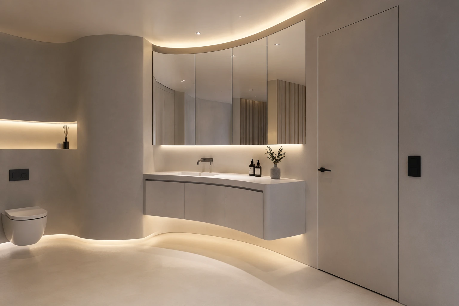 Minimalist bathroom with curved floating vanity, hidden storage, LED lighting, and seamless design
