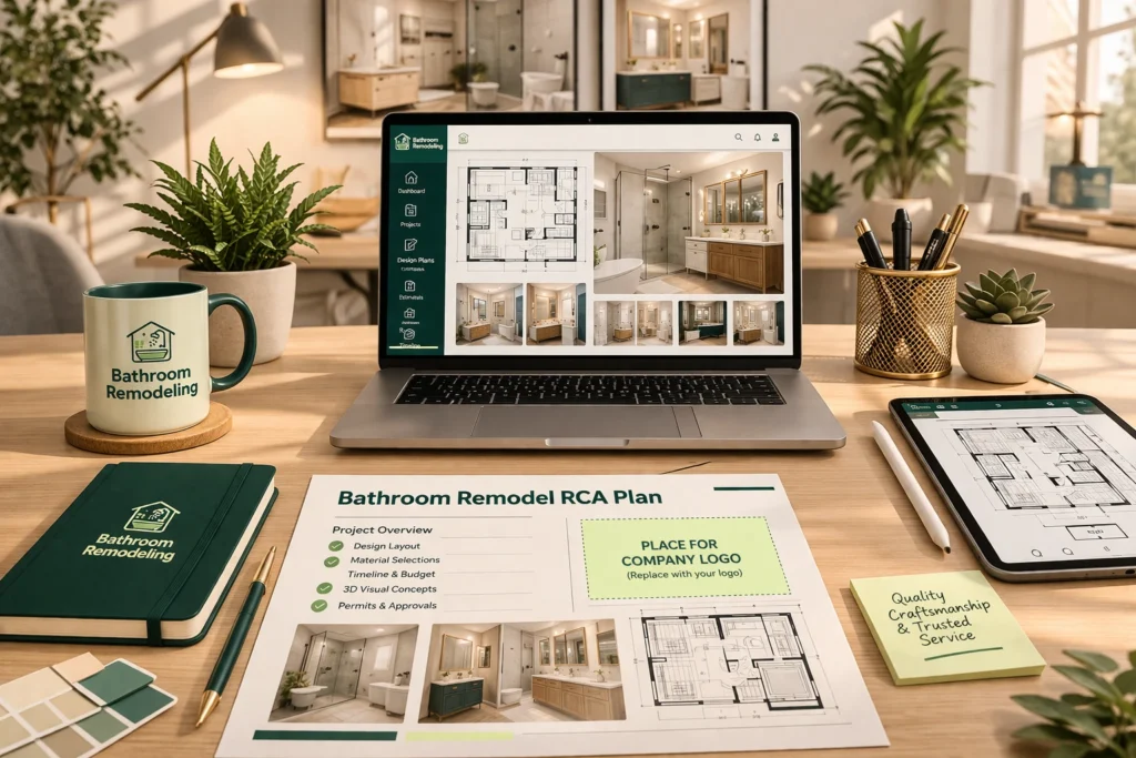 Bathroom remodel planning workspace with laptop designs, floor plans, materials, and project layout on desk