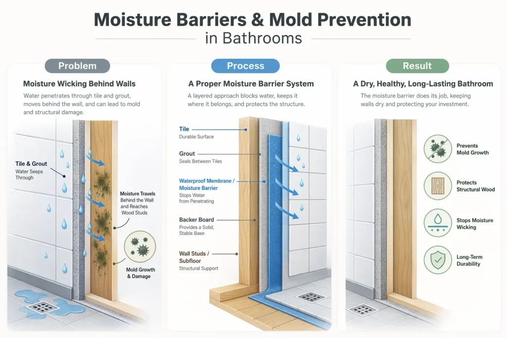 Bathroom waterproofing system diagram showing moisture barrier, backer board, and tile layers preventing mold behind walls in Riverside CA remodel