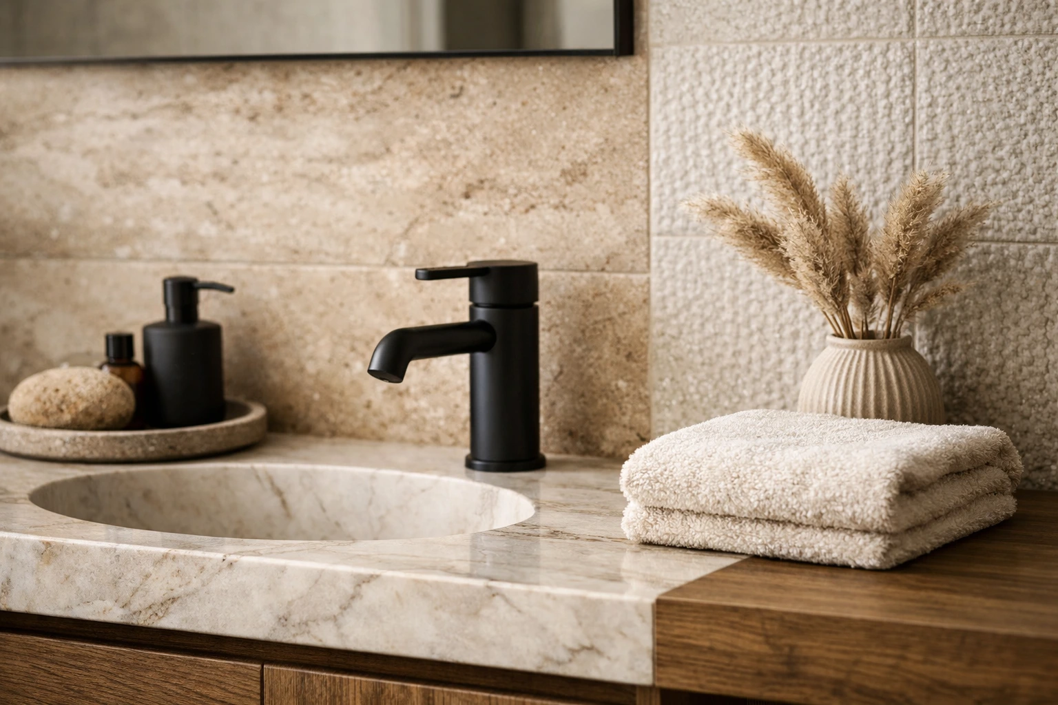 Modern bathroom vanity with beige travertine wall tiles, marble countertop sink, matte black faucet, wooden cabinet, folded towels, and minimal decor