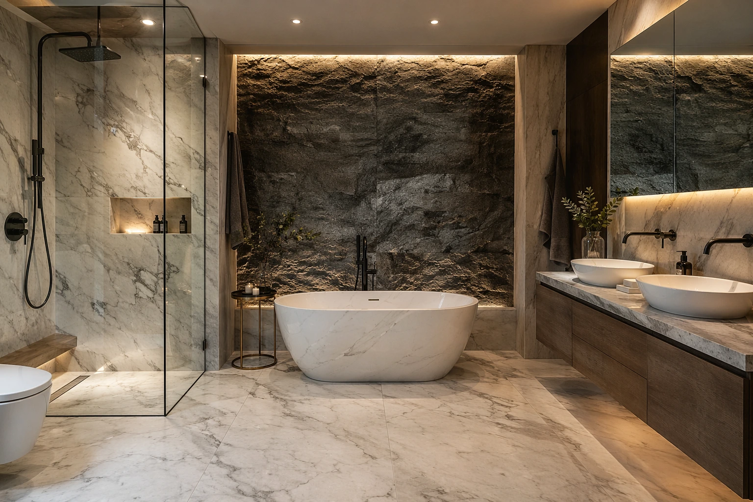 Luxury bathroom with natural stone tile, freestanding tub, walk-in shower, and textured stone feature wall design