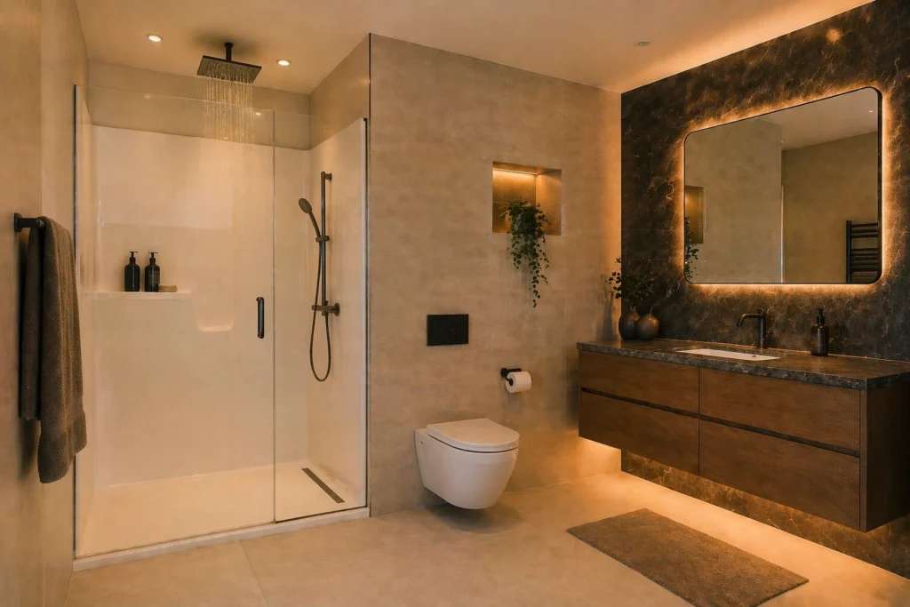 Luxury bathroom with walk-in shower, floating vanity, LED mirror, wall-mounted toilet, and warm ambient lighting
