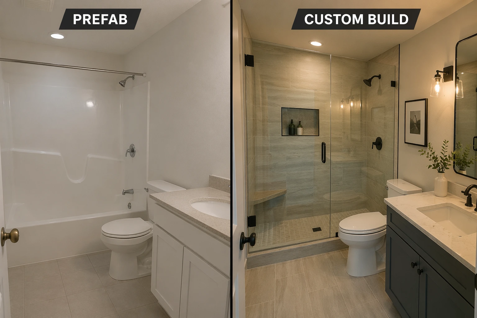 Prefab vs custom bathroom remodel showing standard tub unit compared to tiled glass walk-in shower design