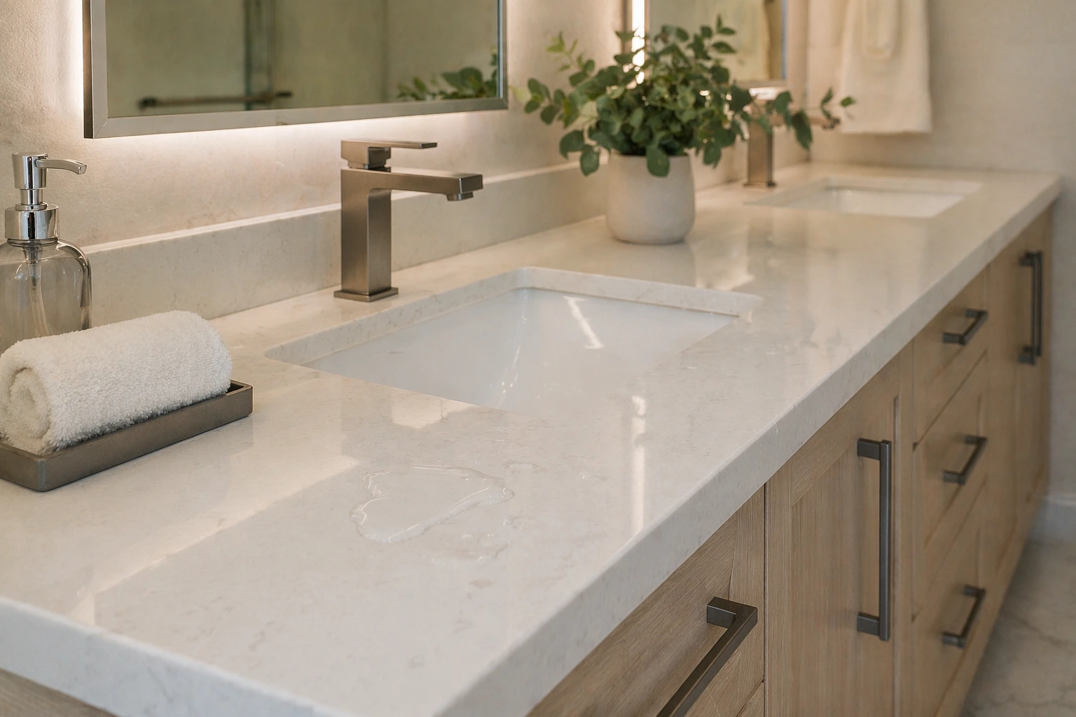 Bathroom vanity with quartz countertop, double sink, and water-resistant surface with modern fixtures