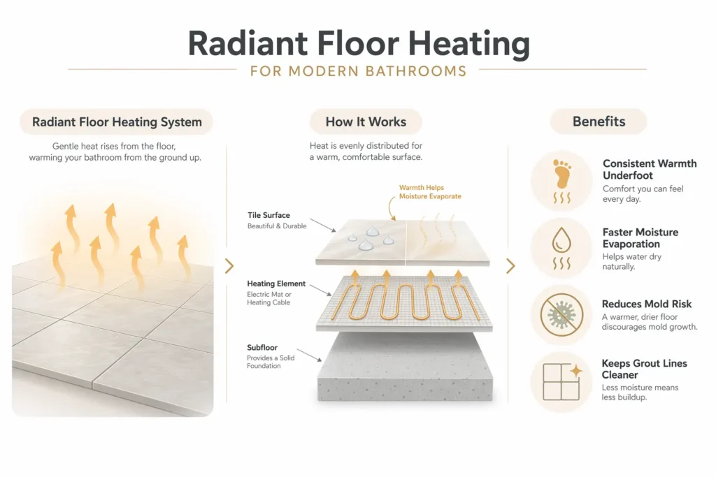 Create a clean, modern infographic explaining slip resistance standards (DCOF) for bathroom flooring, minimal white or light background with soft neutral tones, structured horizontal layout showing progression from low grip to high grip. Top title: “Slip Resistance in Bathroom Flooring (DCOF Standards)” Main visual: horizontal scale or arrow from left to right Left side labeled “Low Traction” with smooth glossy tile icon and slipping warning symbol Right side labeled “High Traction” with textured tile icon and stable grip symbol Center highlight: “DCOF ≥ 0.42 Required for Wet Areas” displayed in a bold, clear box Supporting section below with simple icons and short text: “Prevents Slips in Wet & Soapy Conditions” “Essential for Walk-In Showers” “Safer for Seniors & Families” “Meets ANSI A326.3 Standard” Include small visual cues: water droplets on tile surface subtle texture pattern to show grip no excessive shine or reflections Use color gradient from yellow/orange (low grip) to green (high grip) Typography clean and modern, easy to read Icons minimal and professional Balanced spacing, no clutter Style: flat 2D infographic, high-end service explanation graphic, not overly technical, easy to understand at a glance, 1536x1024, no people
