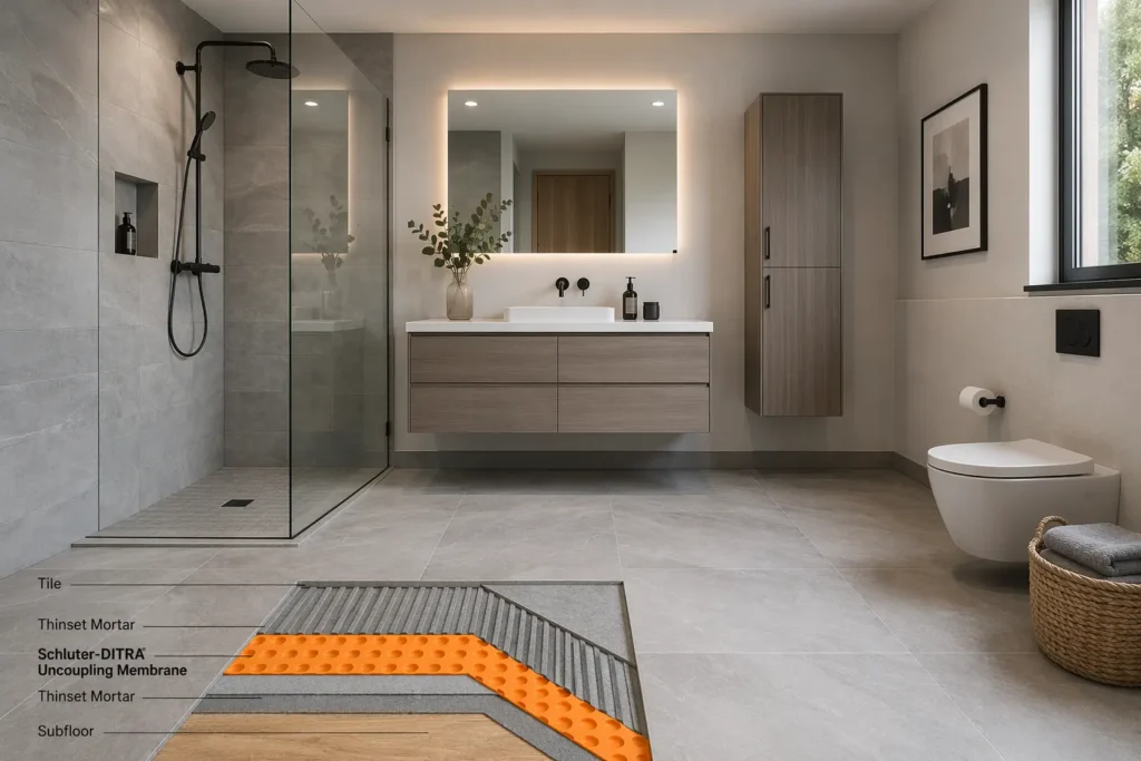 Bathroom tile floor installation layers showing Schluter DITRA uncoupling membrane, thinset mortar, and subfloor system
