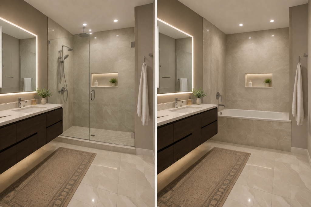 Two similar washrooms aew displayed where one onlas has shower installed and other second has tub installed