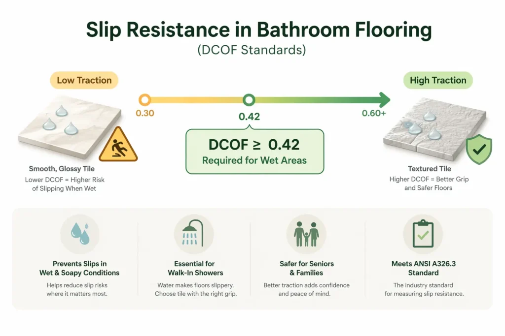 Slip-resistant bathroom tile infographic showing DCOF rating standards for wet area flooring safety in Riverside CA
