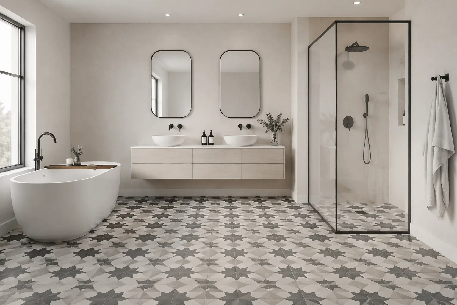 Star and cross patterned bathroom floor tiles with freestanding tub, double vanity, and glass walk-in shower