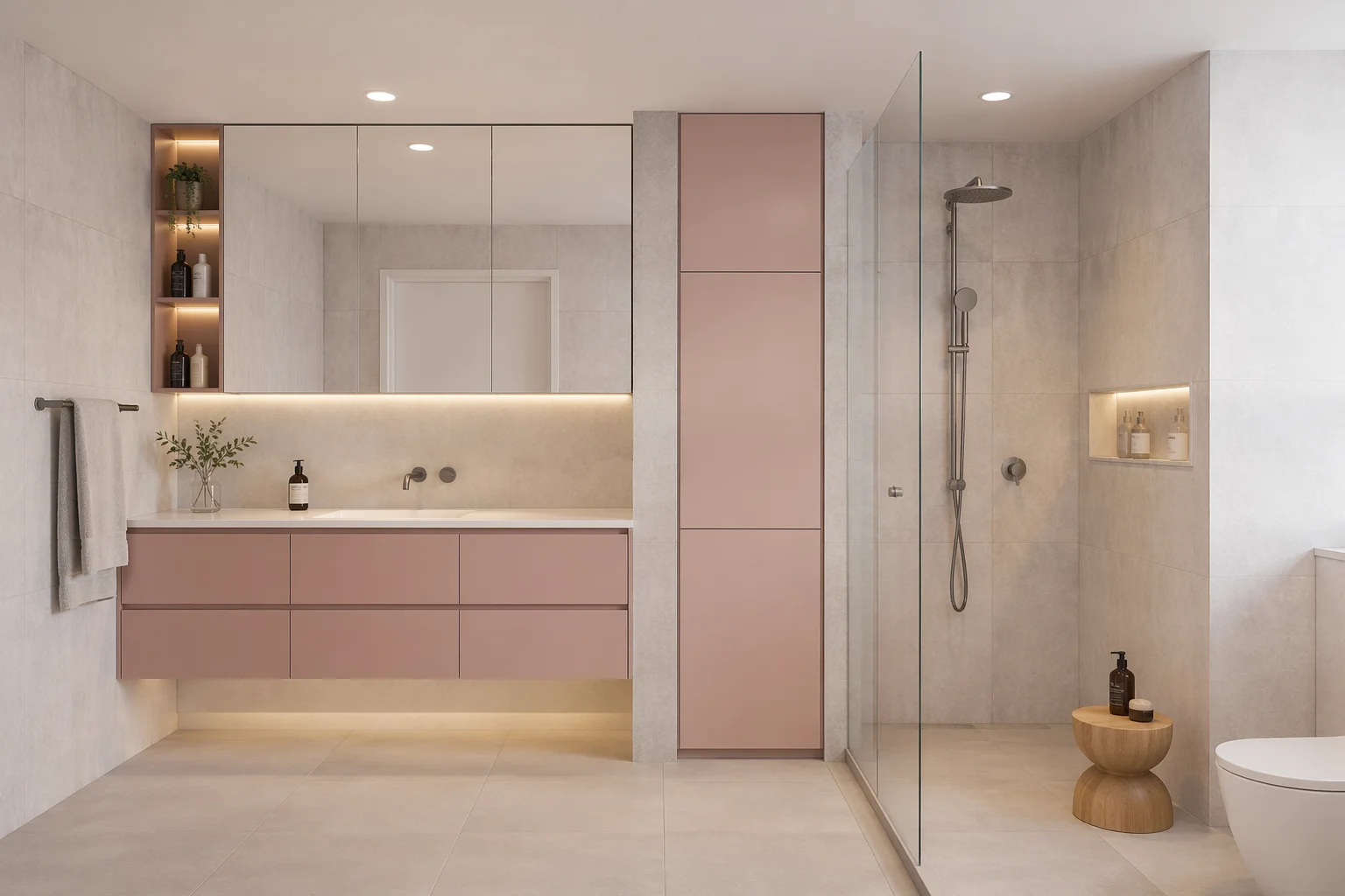 Storage focused bathroom design in Riverside CA with floating vanity, built in shelves and mirrored cabinets