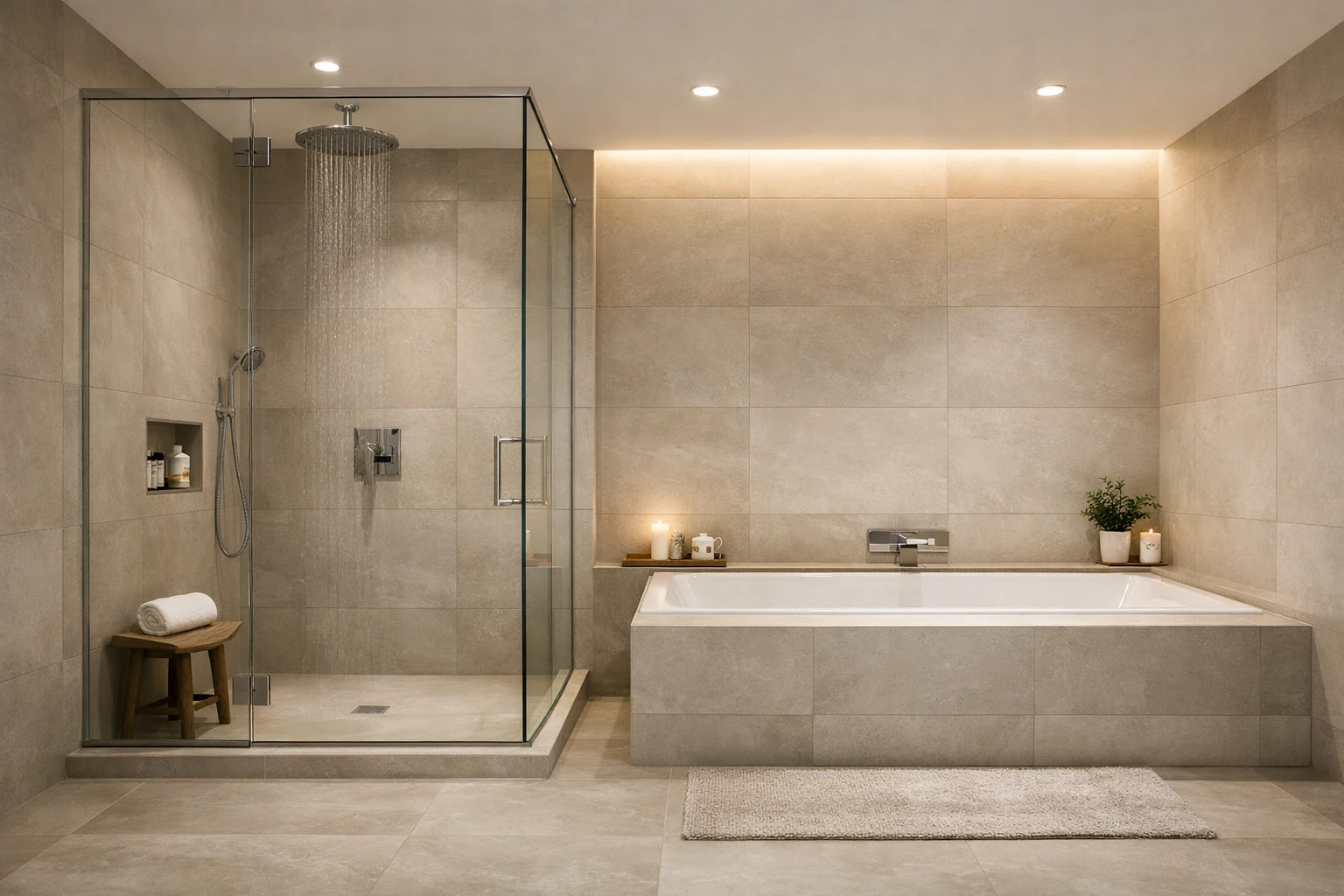Modern bathroom with glass walk-in shower, freestanding tub, beige tiles, and soft ambient lighting