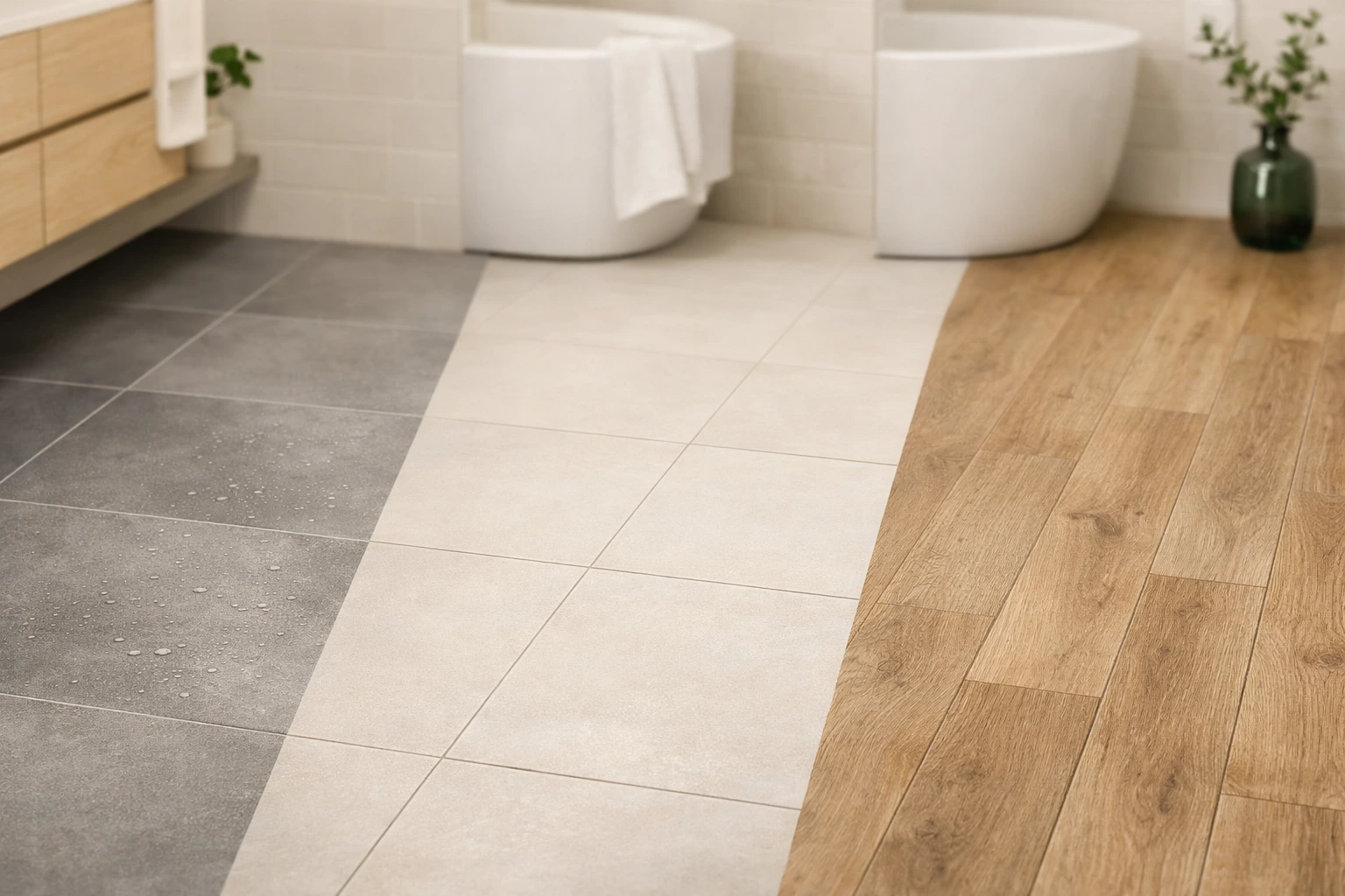 Bathroom flooring options in San Ramon including porcelain tile, ceramic tile, and vinyl wood flooring comparison