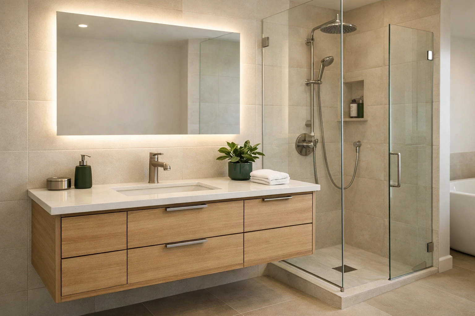 Modern bathroom vanity and fixtures in San Ramon with floating wood cabinet, sink, mirror lighting, and glass shower