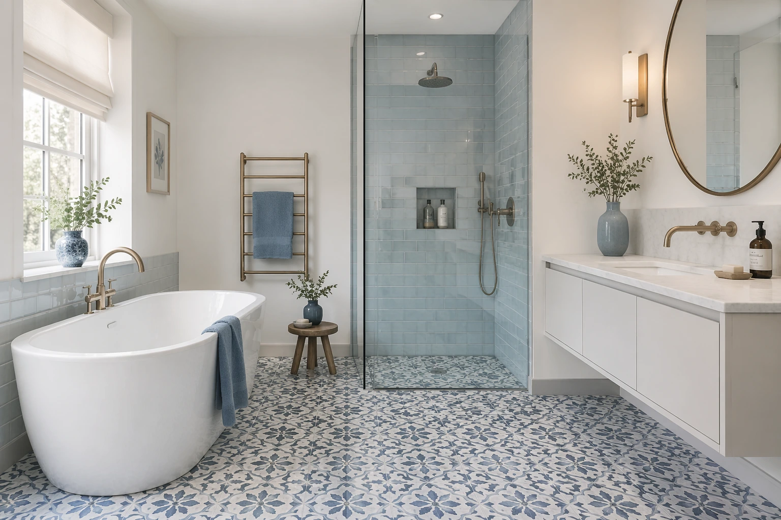 Blue and white patterned tile bathroom flooring with freestanding tub and walk-in glass shower design