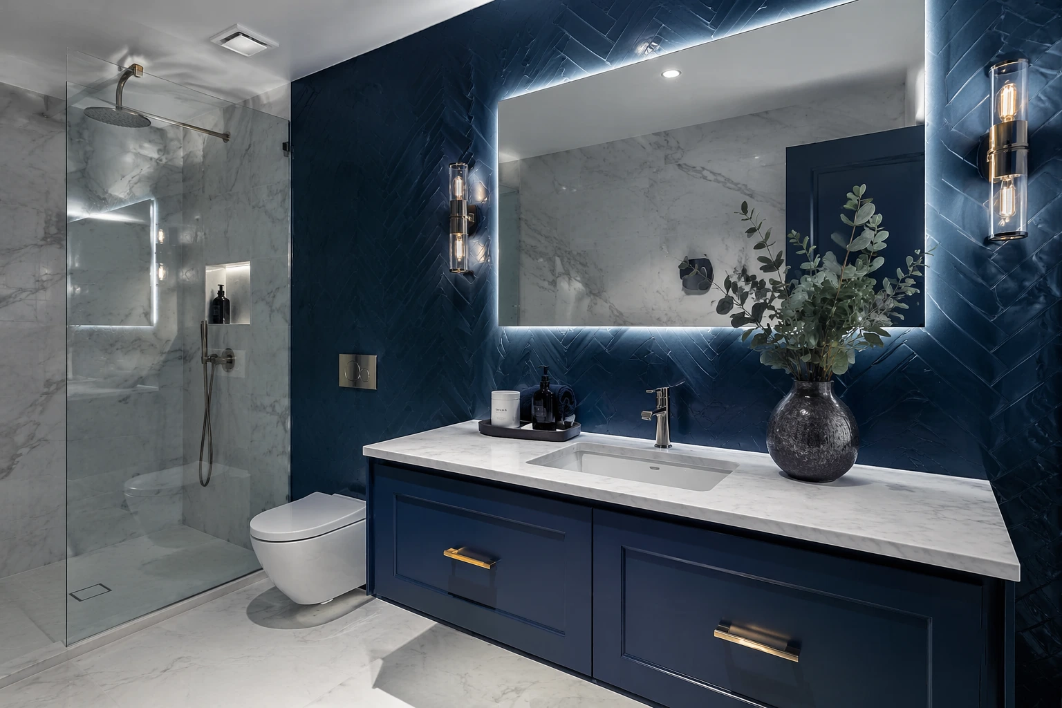 Modern bathroom with blue accent wall, double vanity, LED mirror, walk-in shower, and marble finishes
