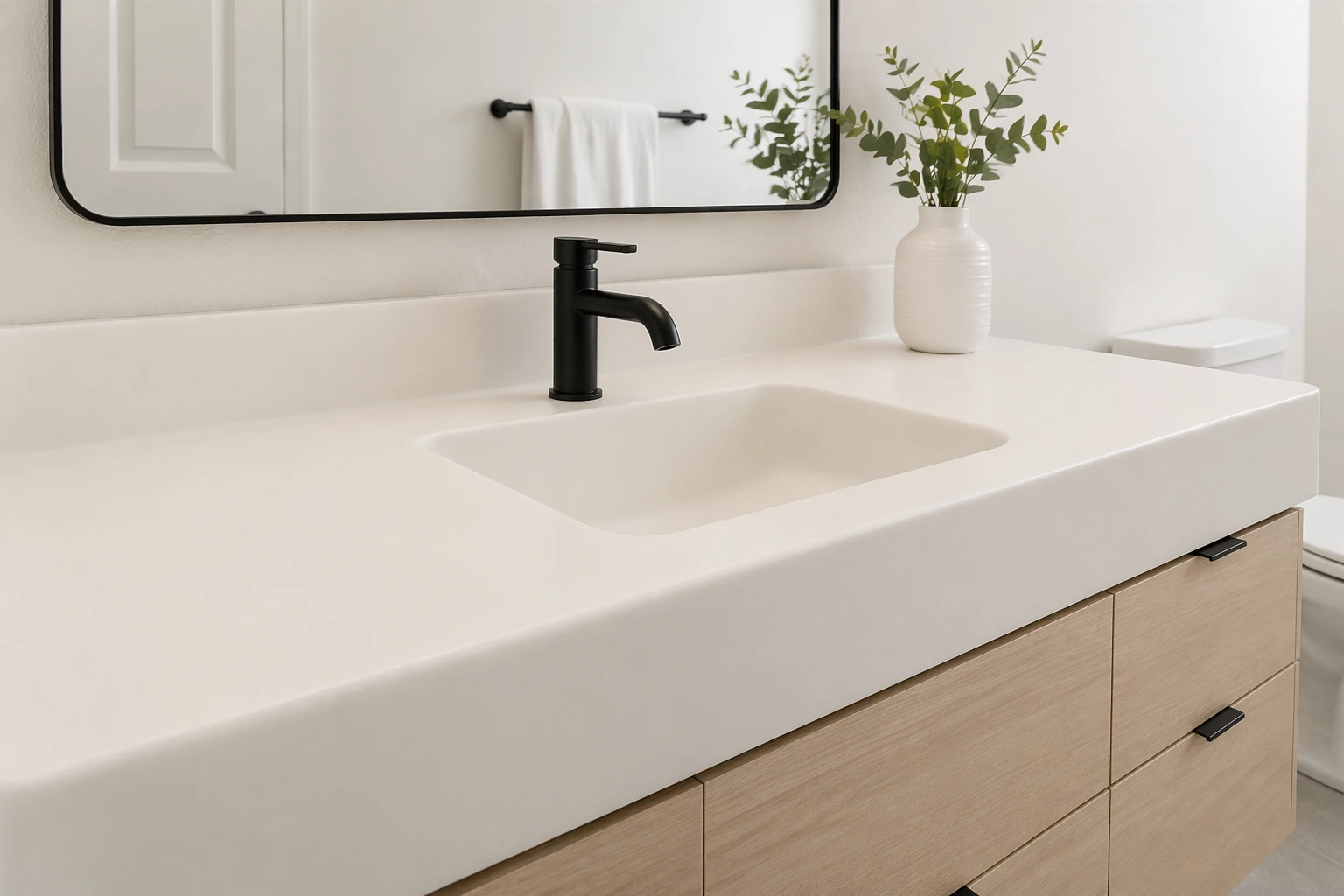 Modern bathroom vanity with Corian solid surface countertop and integrated sink in a seamless minimalist design
