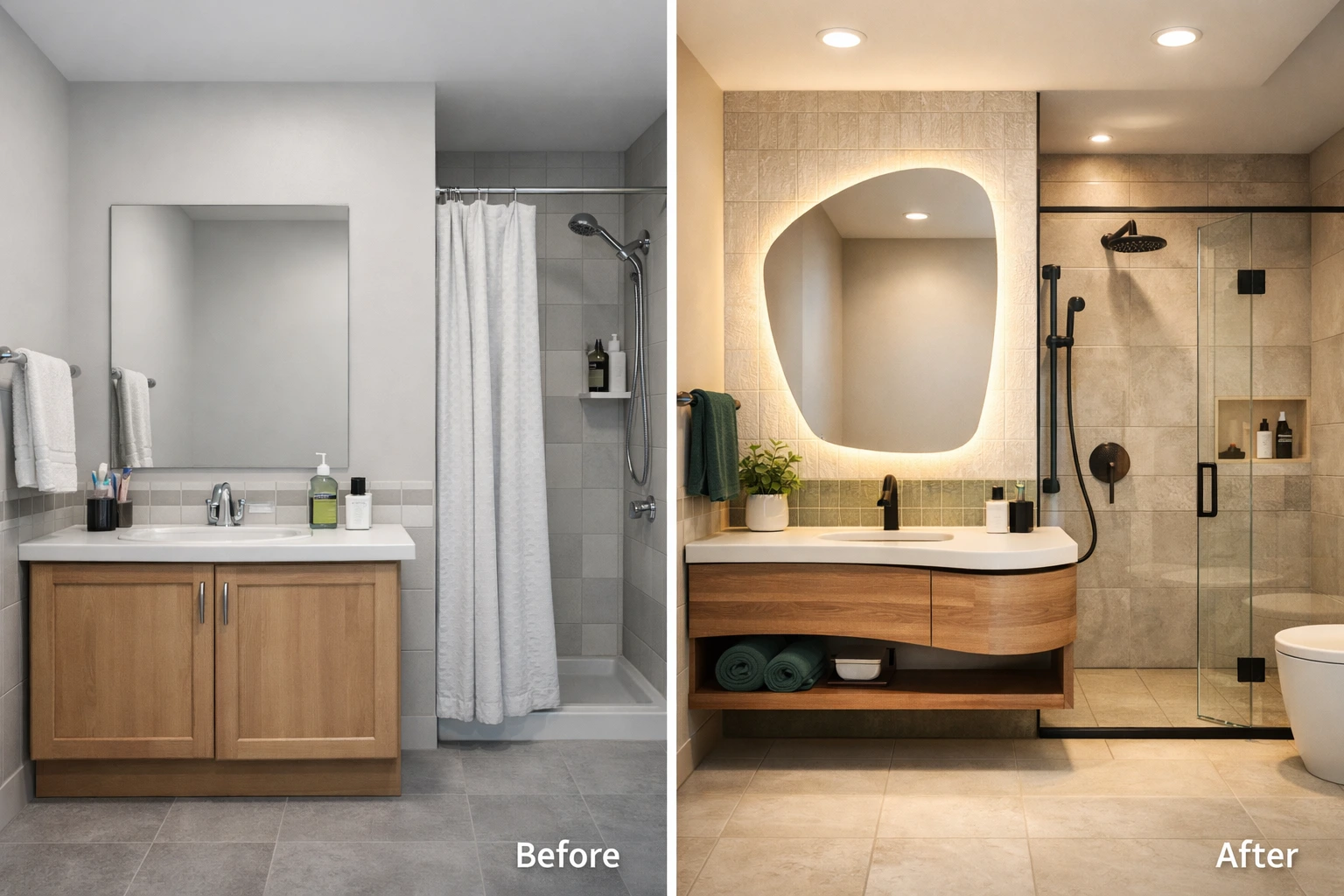 Custom bathroom remodel in San Ramon before and after showing upgraded vanity, lighting, tile, and glass shower design