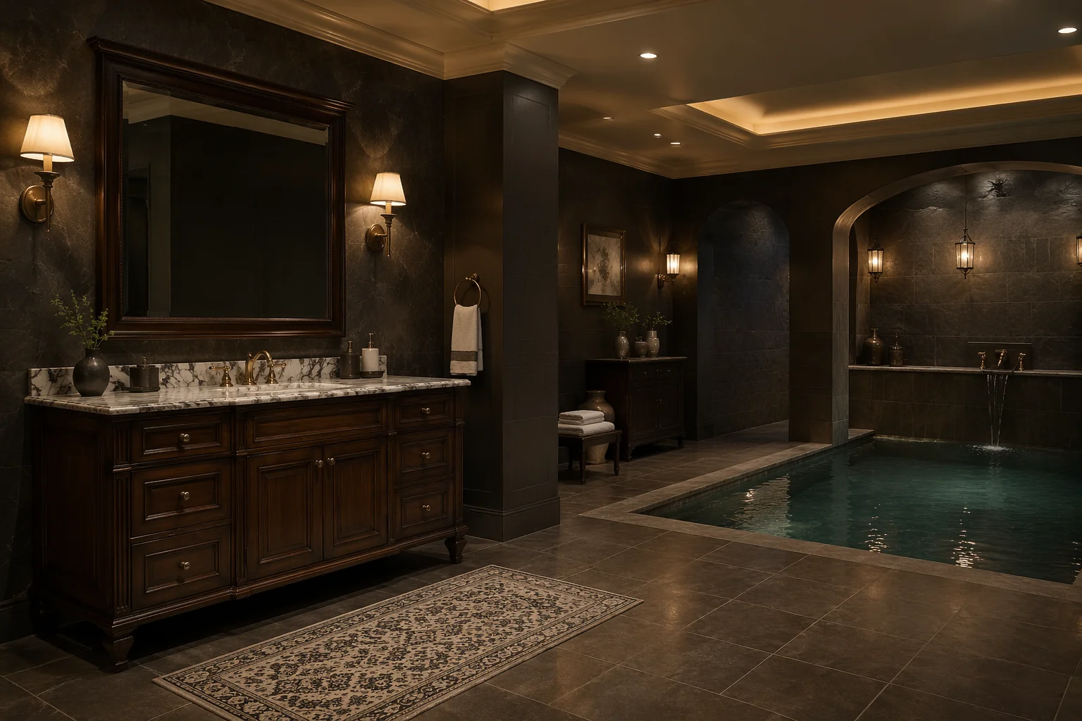 Custom freestanding vanity in Riverside CA with marble top, wood cabinetry and luxury spa bathroom design