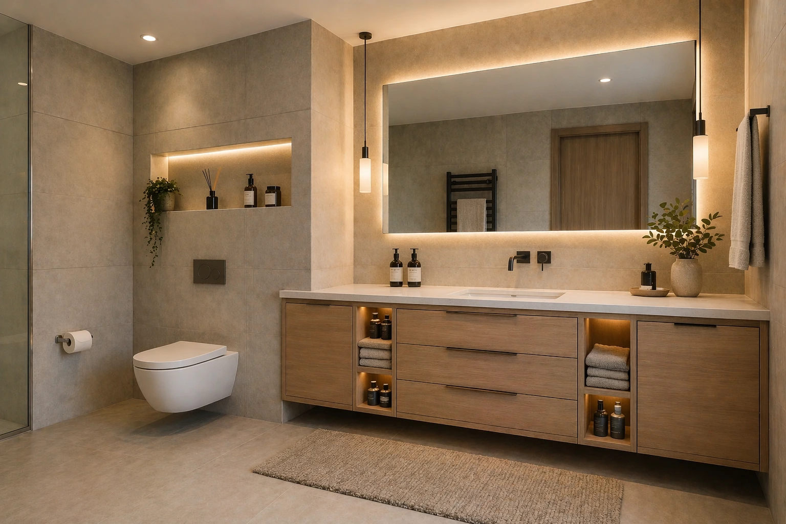 Modern bathroom with double floating vanity, LED mirror, wall-mounted toilet, and beige tile walls