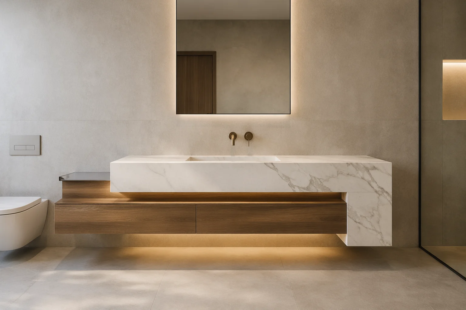 Custom floating vanity design in Riverside CA with marble countertop, wood drawers and LED lighting