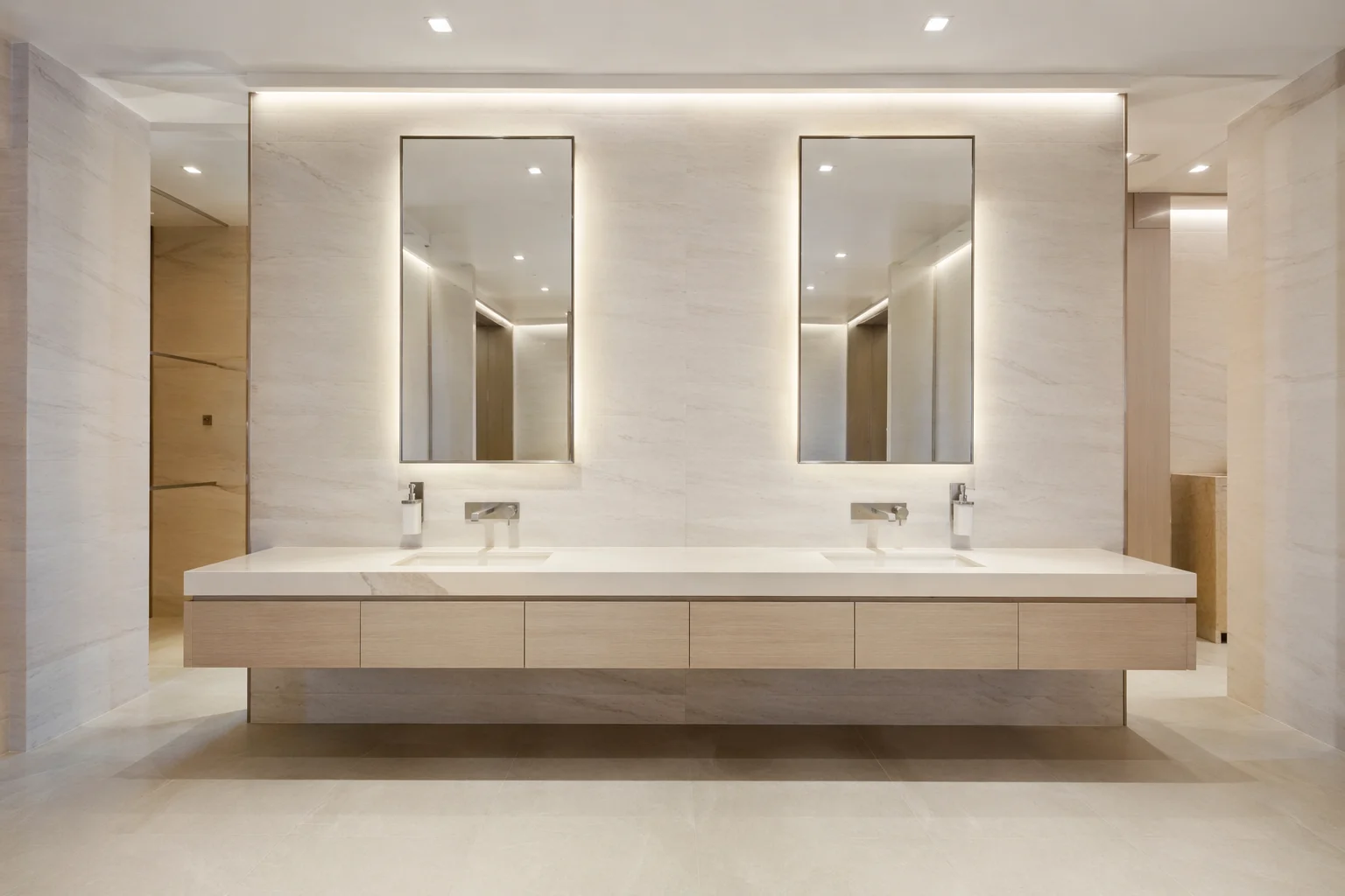 Double sink vanity design in Riverside CA public bathroom with floating counter and backlit mirrors