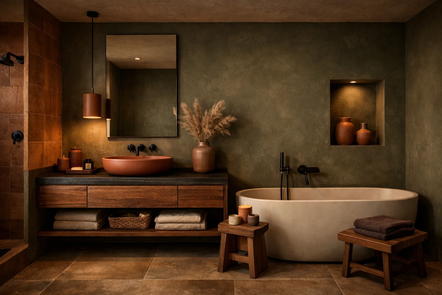 Modern spa bathroom with freestanding tub, wooden vanity, vessel sink, warm lighting, and dark textured walls