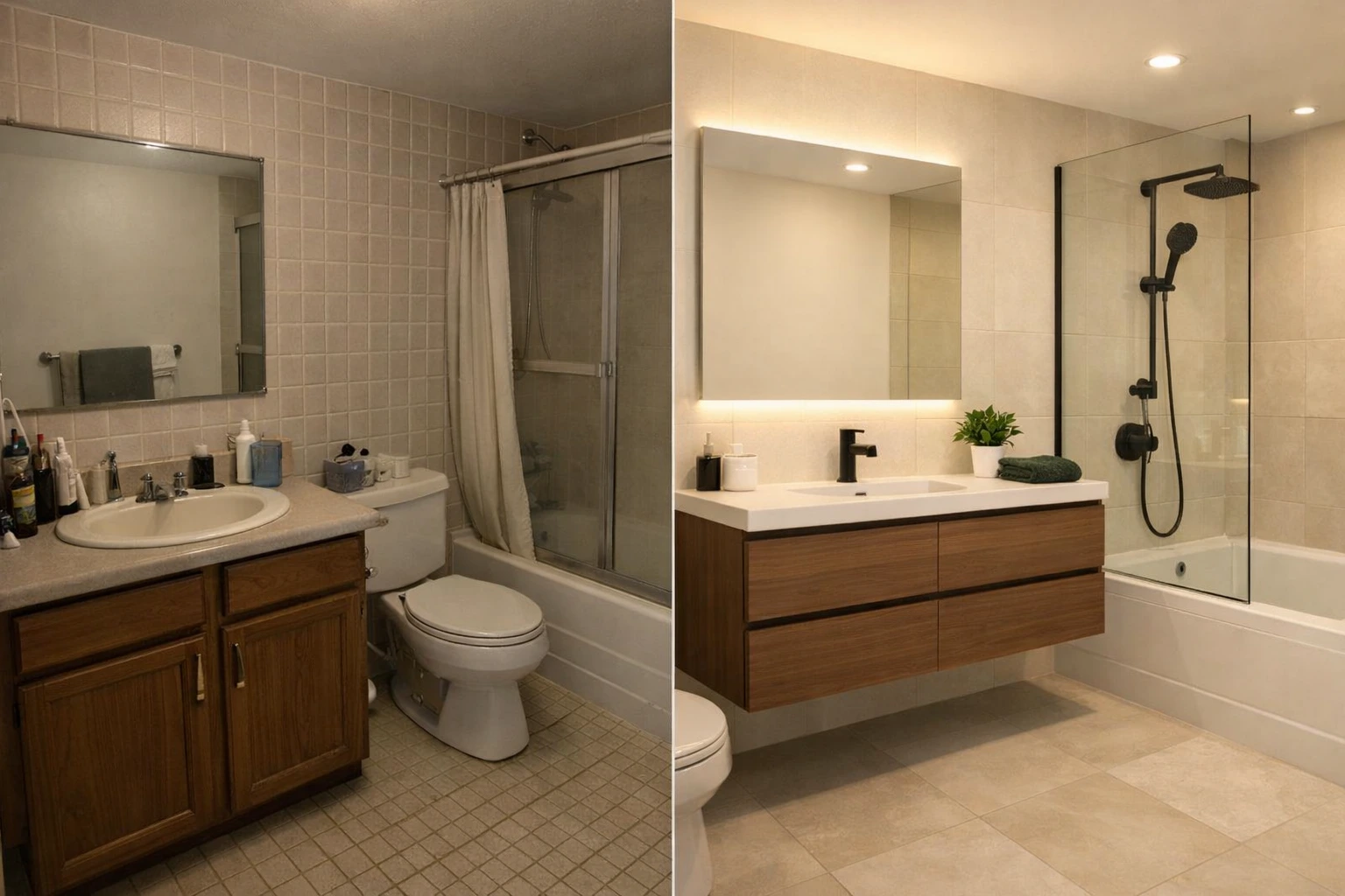 Full bathroom remodel in San Ramon showing before and after transformation with modern vanity, tiles, and shower upgrade