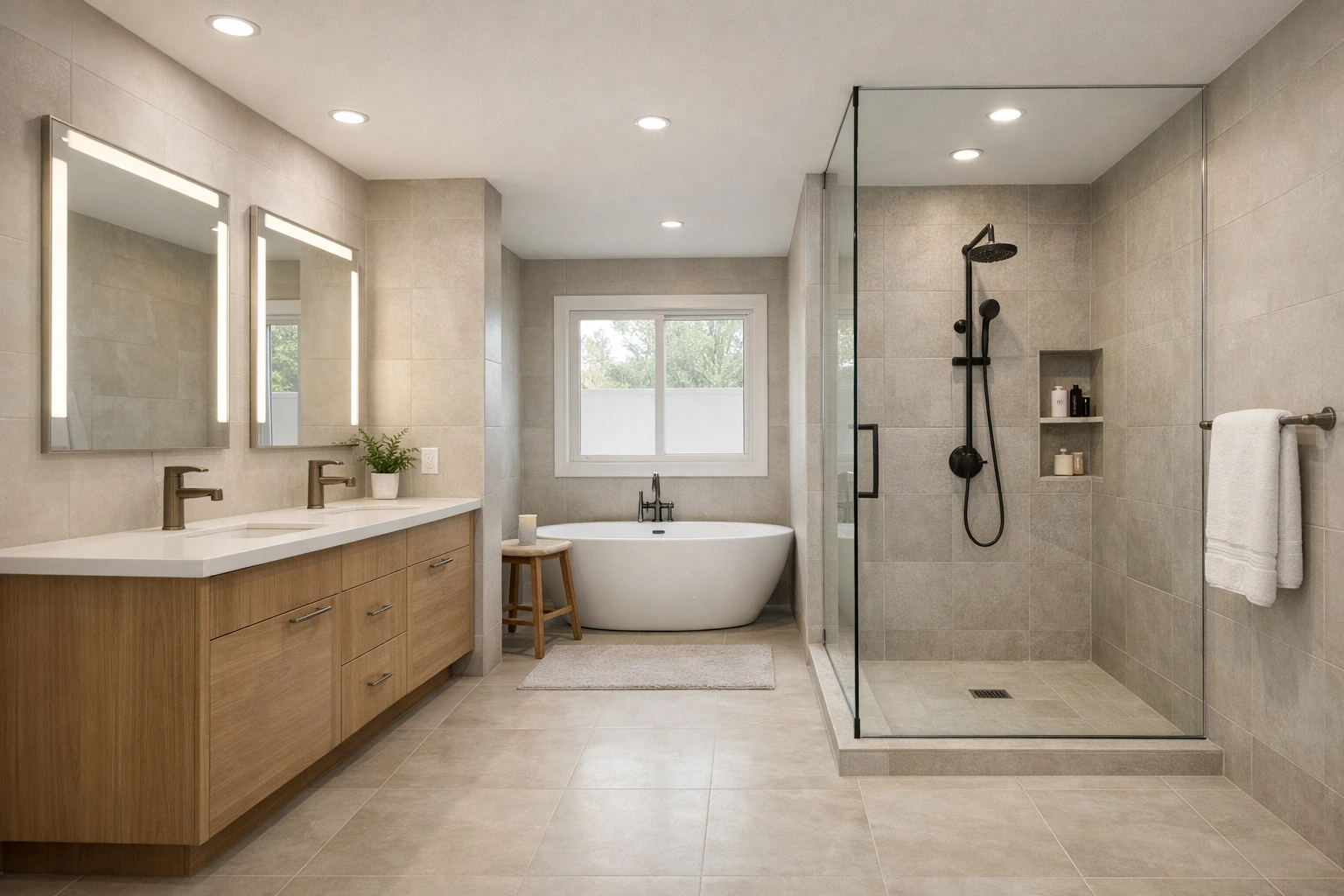 Full bathroom remodel in Arlington CA with double vanity, walk in shower and freestanding tub layout