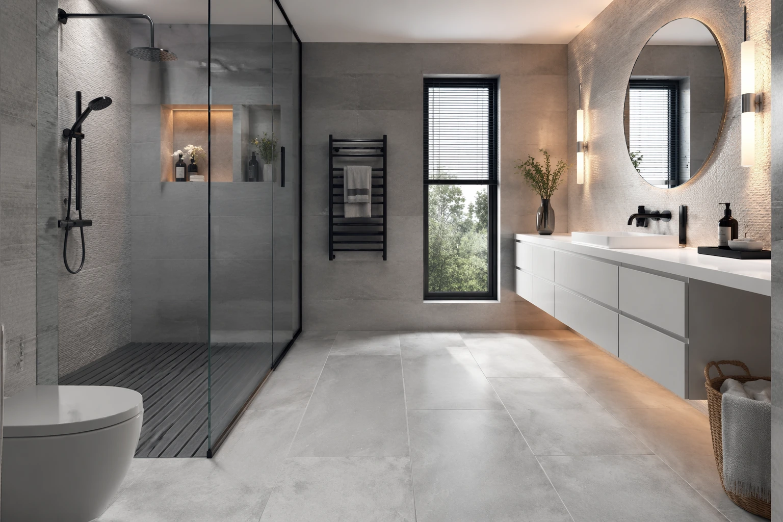Grey and white bathroom floor tiles with walk-in glass shower and modern floating vanity design