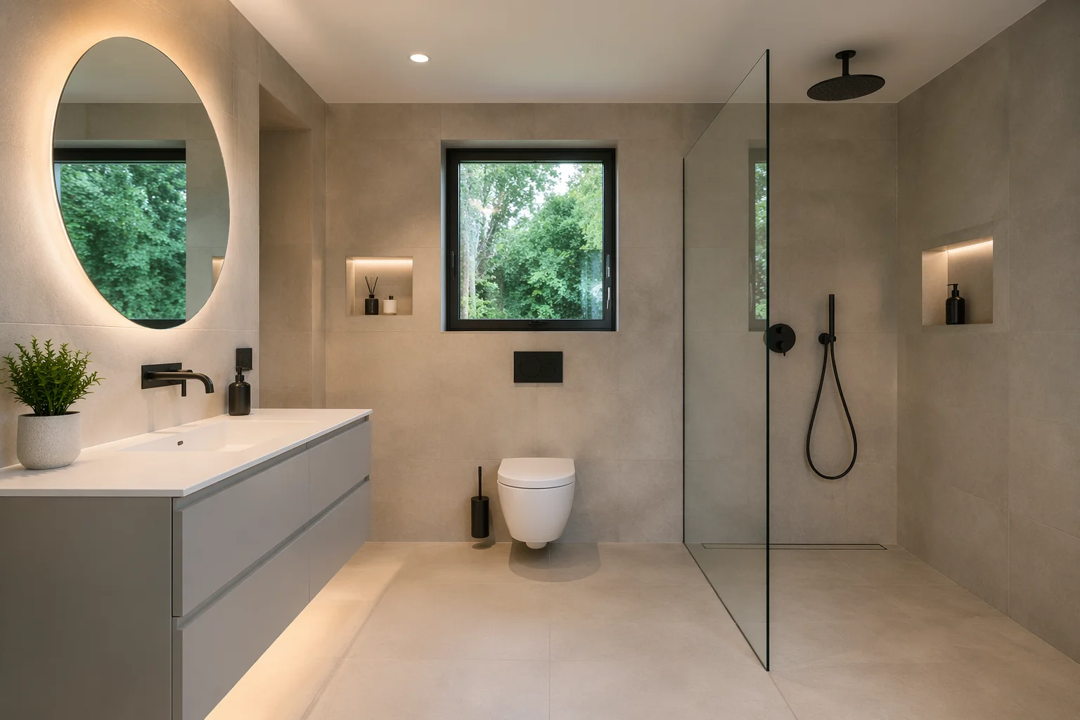 Modern minimalist bathroom design in Riverside CA with floating vanity, walk-in glass shower, neutral tiles
