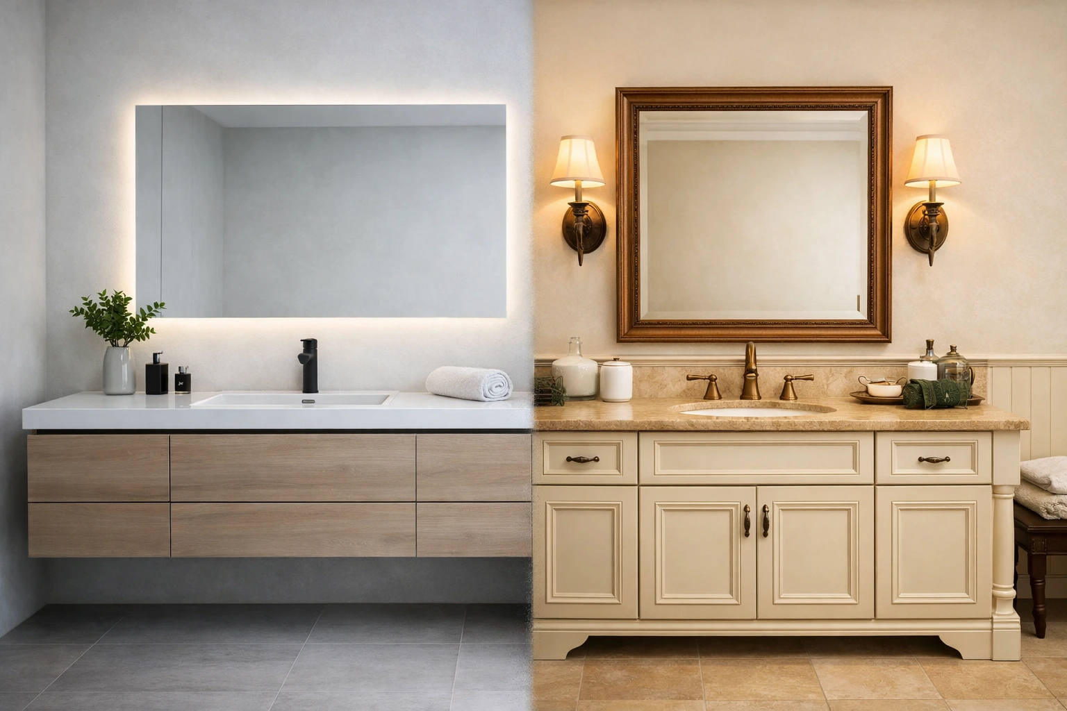 Modern vs traditional bathroom vanity comparison in San Ramon showing minimalist floating design and classic cabinet style
