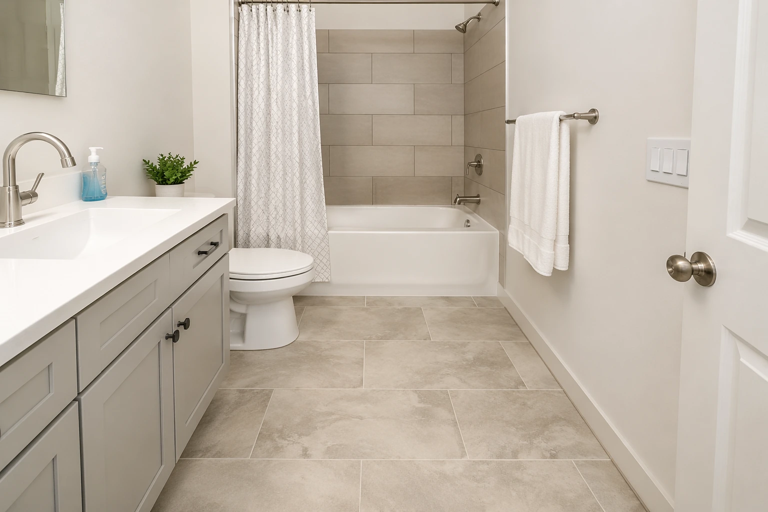 Bathroom with peel-and-stick floor tiles, simple vanity, and tub, showcasing budget-friendly and easy-install flooring